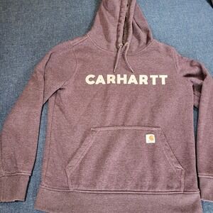 Carhartt Women Relaxed Fit Hoodie Purple Heather Logo Pullover Sweatshirt S 4-6